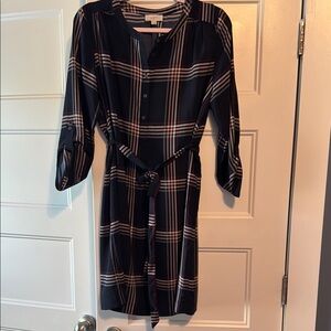 LOFT Long Sleeve Dress in Navy and Pink Plaid